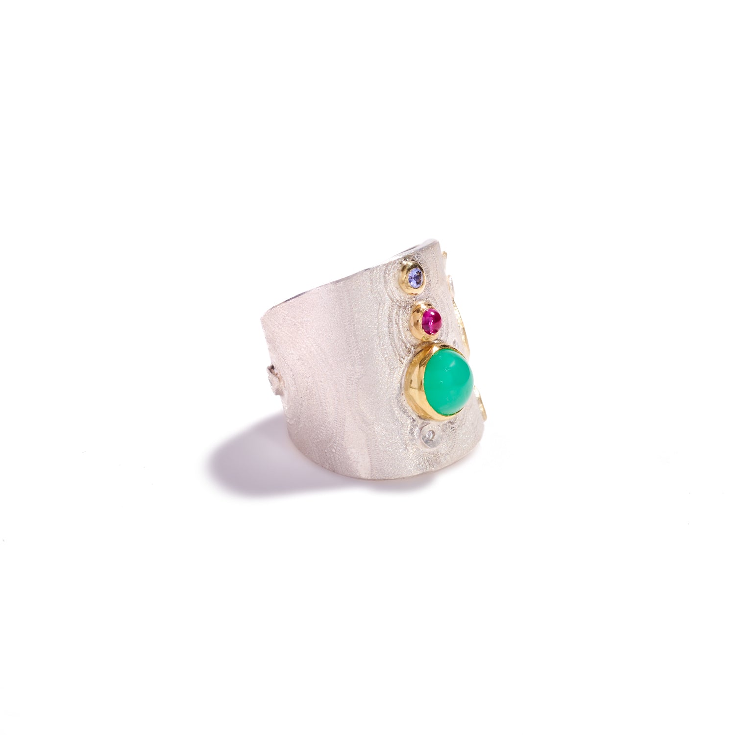 Chrysoprase, Ruby, and Light Blue Sapphire Ring