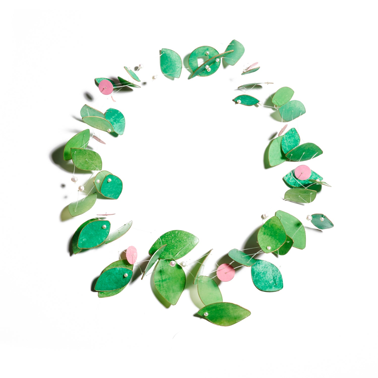 Green, Pink, & Pearls Short Parchment Necklace