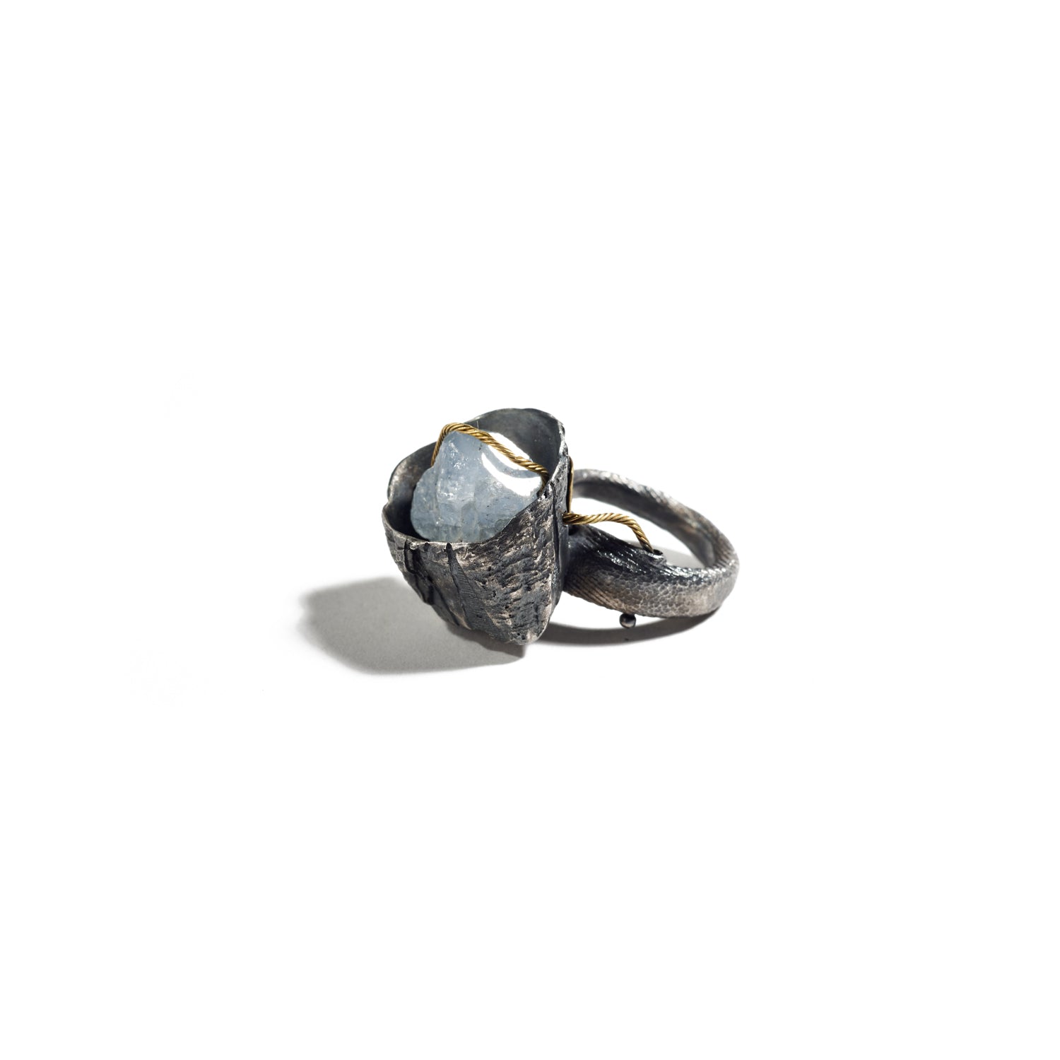 Aquamarine Tucked in Silver Shell Ring